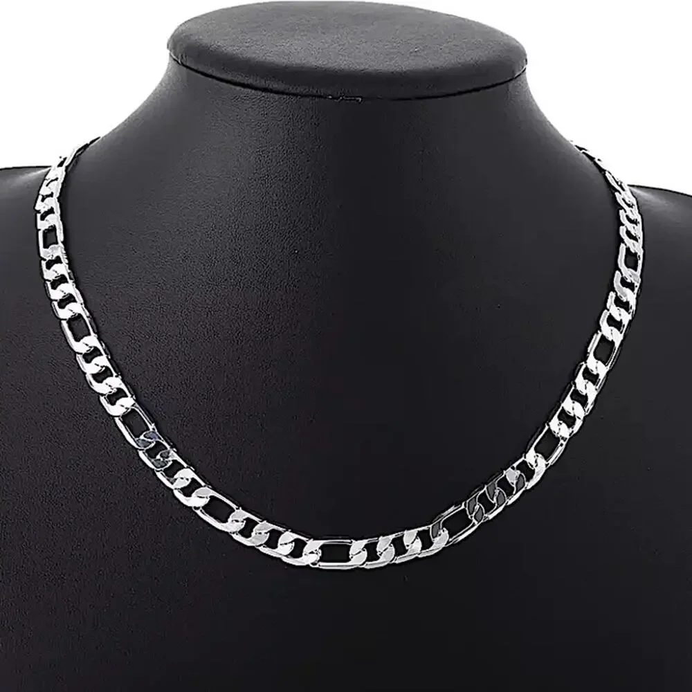 SILVER CUBAN FIGARO CHAIN LINK NECKLACE + BRACELET STERLING STMP .925 SET